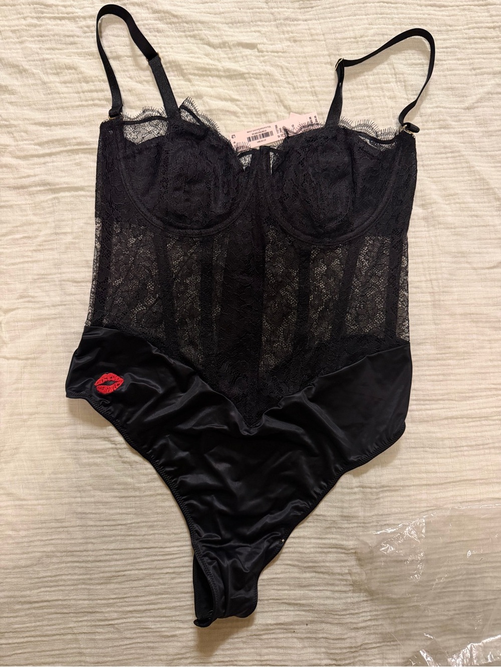 Victoria's Secret Black Lace & Satin Bodysuit with Red Kiss Detail